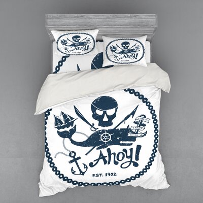 Nautical Pirate Skull and Whale with Ship Anchor Image Duvet Cover Set -  Ambesonne, bsnev_15947_queen