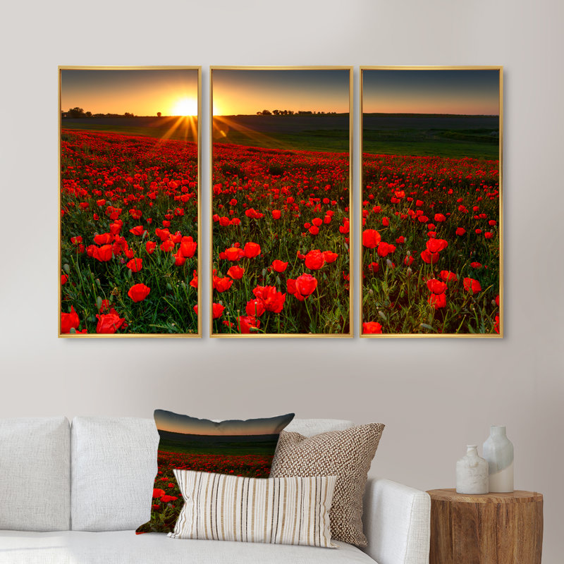 Coucher de soleil sur un jardin avec coquelicots rouges - ensemble de 3 toiles encadrées florales, H 32 po x l 48 po x P 1 po