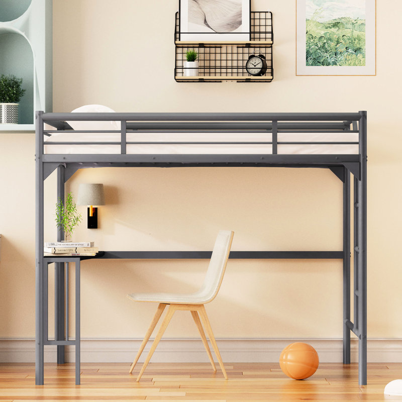 Lit mezzanine simple en métal avec bureau - Solution, argent et garde-corps pratique