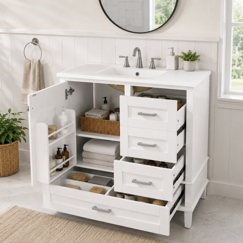 Meuble-lavabo simple de 91 cm (36 po) avec lavabo en céramique, tiroirs et armoire, fermeture amortie, style traditionnel, salle de bain