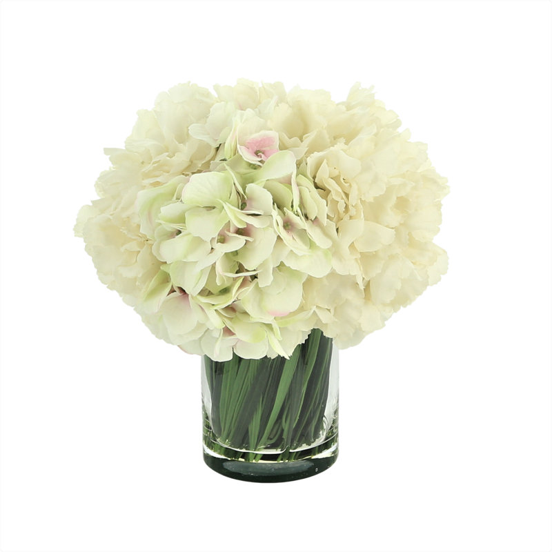 Hydrangea Floral Arrangement in Glass Vase with Grass