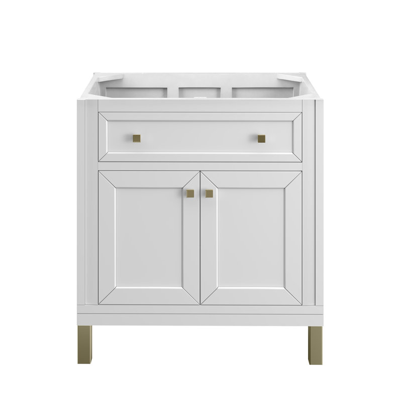 Base de meuble-lavabo simple l 30 po Chicago, Blanc lustré, Laiton champagne