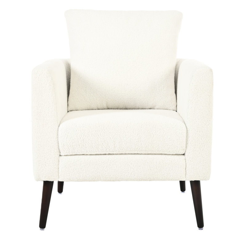 Fauteuil d'appoint en tissu pour les salles d'attente, blanc avec des pieds en bois, un coussin de taille moderne et une finition brune