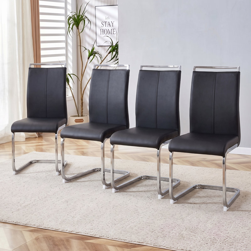 Modern High Back Faux Leather Cantilever Dining Chairs with Metal Base, Black, Silver, 4