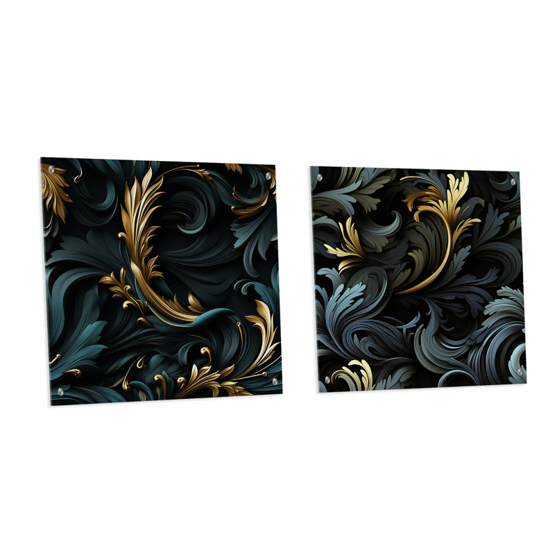 Paisley noir et or élégant ébène - ensemble abstrait d'art mural en verre acrylique de 2, H 16 po x l 33 po