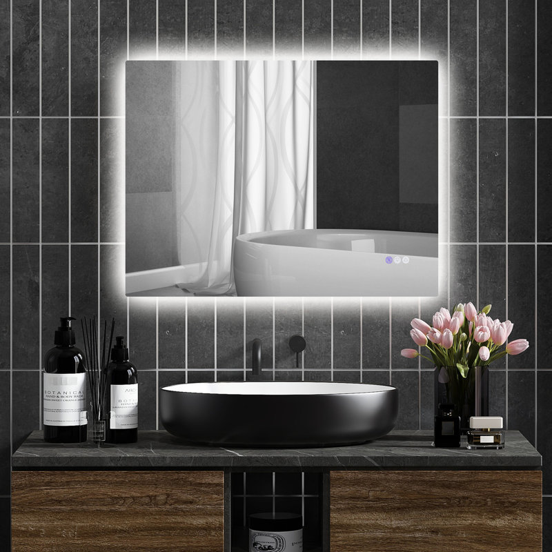 Miroir de salle de bain à DEL 32 po x 24 po, lumières avec brouillard, mémoire, luminosité à intensité variable, température de couleur réglable, fixation murale, horizontal / vertical, Cri90 +, film résistant, imperméable, cadre en alliage d'al