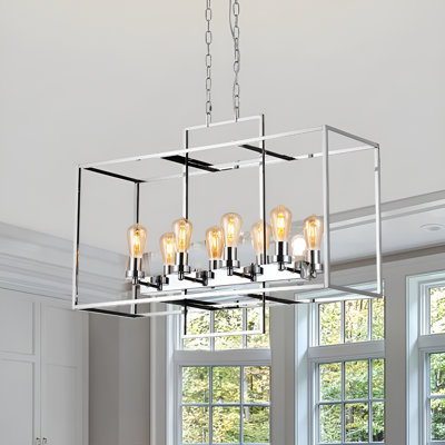 36" 8-light Linear Lantern Chandelier – Rustic Industrial Rectangular Cage Pendant