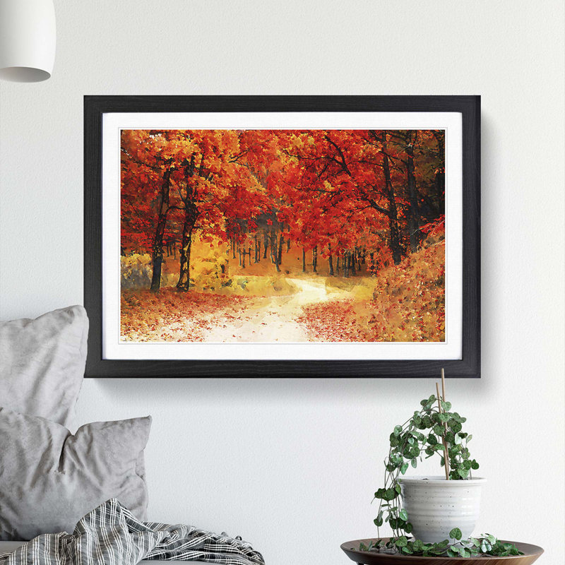 Path Through the Forest at Autumn in Abstract - Picture Frame Painting Print on MDF, 62cm H x 87cm W x 2cm D, Black Framed