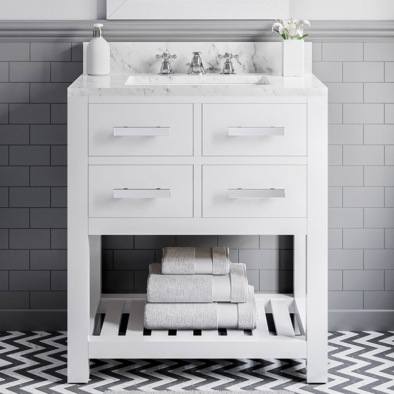 Ensemble de meuble-lavabo simple 30 po avec plateau en marbre blanc de Carrare Doucette, Blanc pur, Non