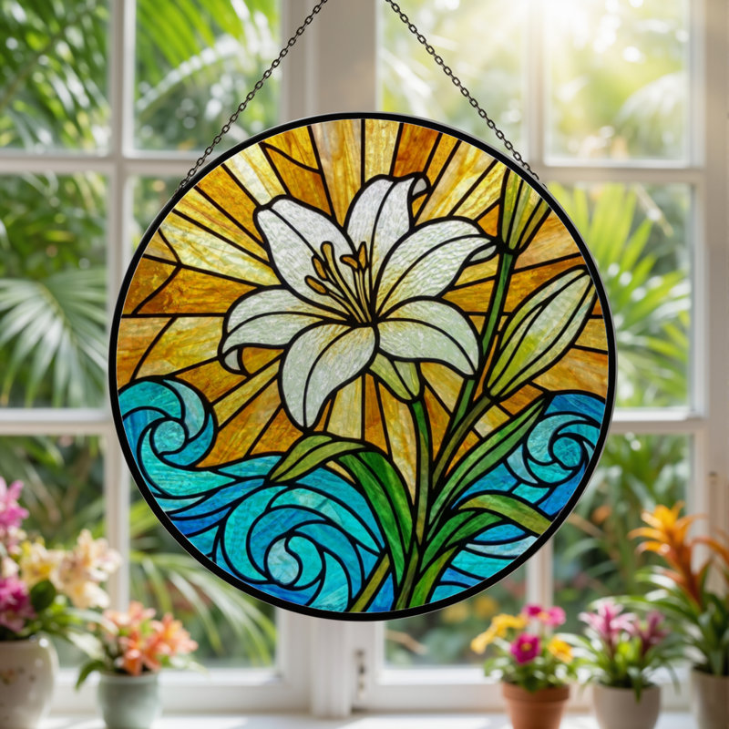 Panneau de vitrail 12 "H Lily Waves, 12" H x 12" W