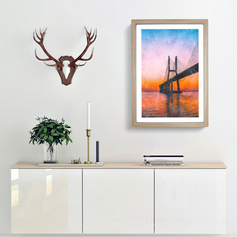 Vasco Da Gama Bridge in Portugal Abstract - Picture Frame Painting Print, 87cm H x 62cm W x 2cm D, Oak Framed