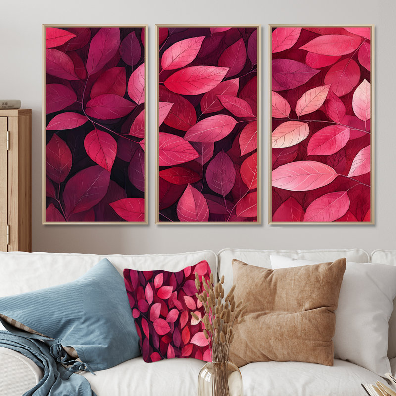 «Crimson Leaves Dancing Rose I» - décoration murale feuilles - 3 pièces, H 32 po x l 48 po, Érable