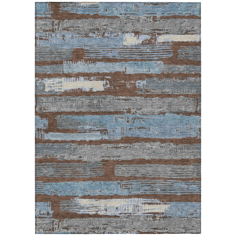 Tapis extérieur lavable rayé bleu chocolat et beige 5 pi x 8 pi