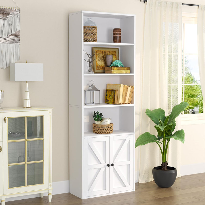 Bibliothèque à 6 niveaux et bibliothèque, étagères en bois avec portes d'armoire, Blanc