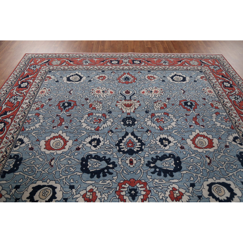 Tapis beige / ivoire / bleu en laine noué à la main de conception unique 9 pi x 11 pi 9 po