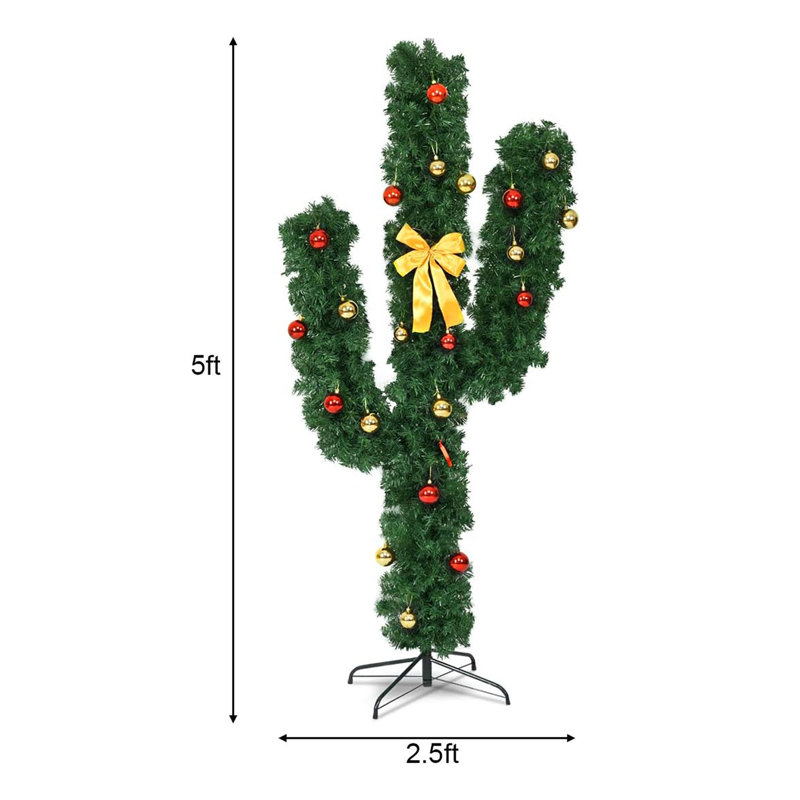 5ft Green PVC Cactus Christmas Tree with LED Lights and Bowknot