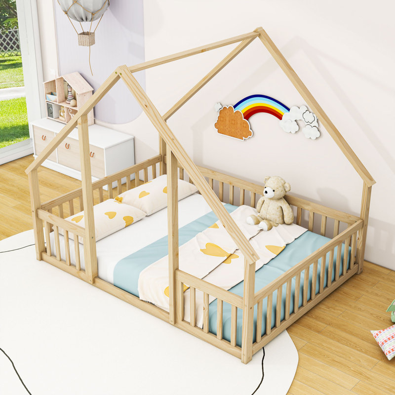 Wood House-Shaped Floor Bed With Fence, Natural, Full