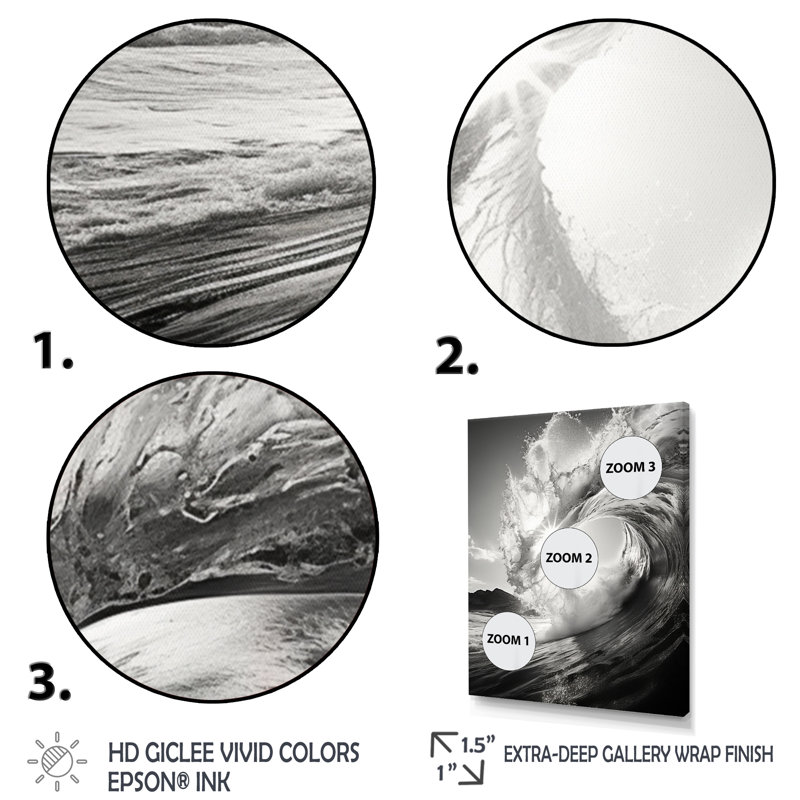 «Dowless Black and White Wave Photo I», reproduction sur toile, H 44 po x l 34 po x P 1,5 po, Noir