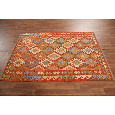 Tapis orange en laine réversible Kilim