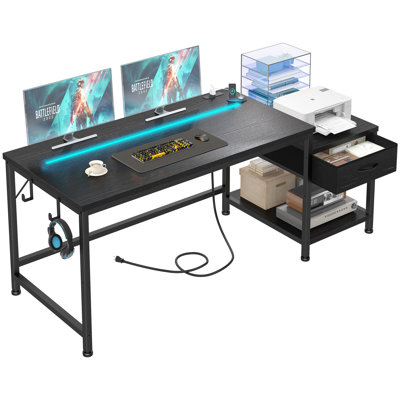 48" Small Computer Desk With Printer Shelf & Storage Shelves,Gaming Desk With LED Lights & Power Outlet,Reversible Corner Desk With Headphone Hook For Home Office