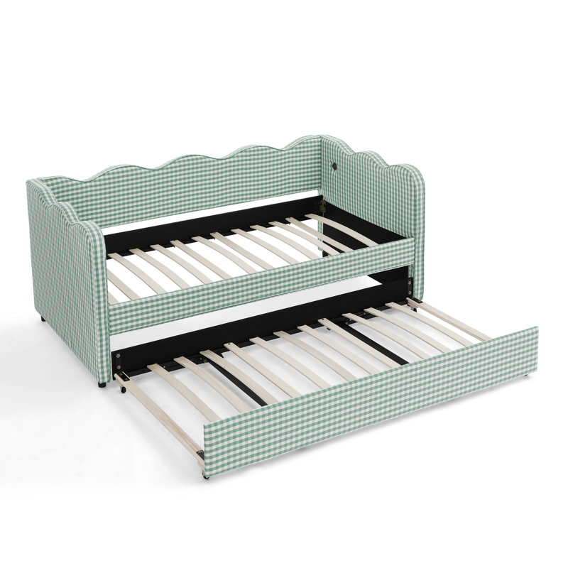 Lit de jour avec couchette Myron Cottage Wave, tissu en lin et port USB, Cyan