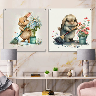 Bunny Cleaning Bathroom I  Bathroom Acrylic Wall Art Glass Set Of 2