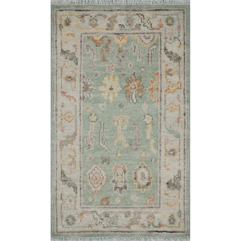 Meadow Oriental Hand-Knotted Wool Area Rug in Willow/Coral/Gray, Rectangle 3' x 5'