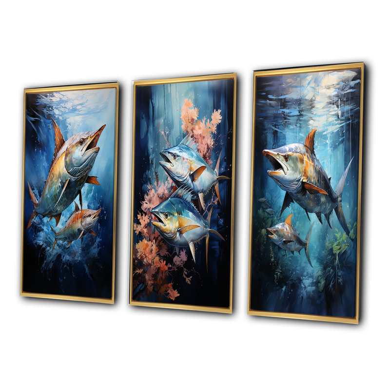 " Fishing Majestic Marlins Jumping " 3 - Pieces, Gold Framed, 32" H x 48" W