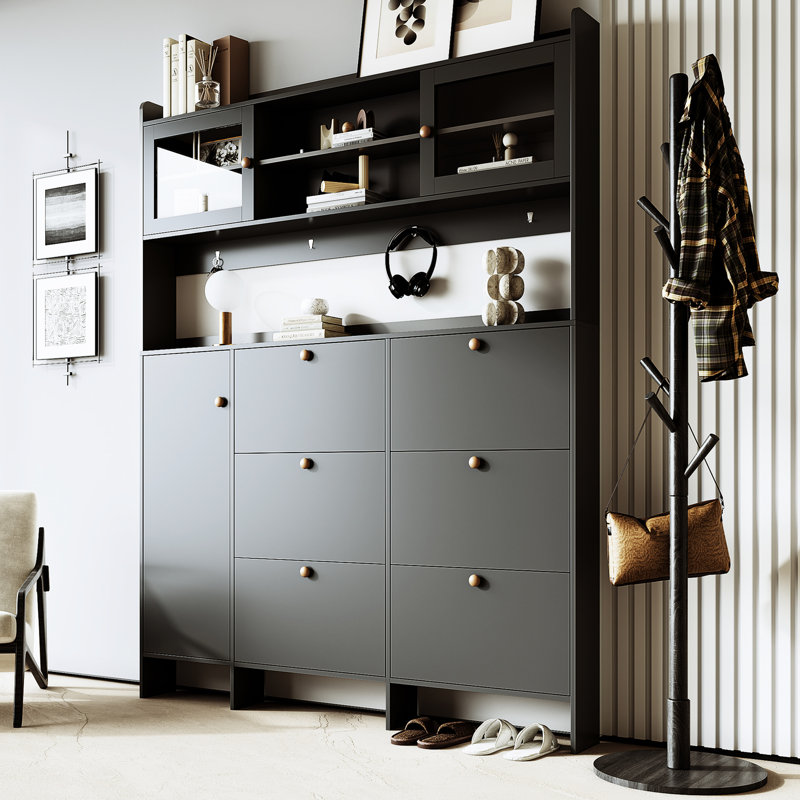 Armoire à chaussures contemporaine avec 6 tiroirs et 4 crochets, grandes portes en verre trempé pour couloir, beauté noire renversante