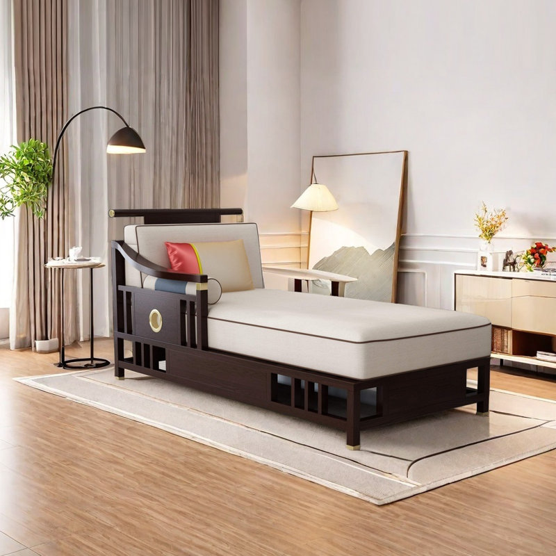 Chaise longue avec structure en bois, Marron foncé, Left Hand Facing, Blanc crémeux