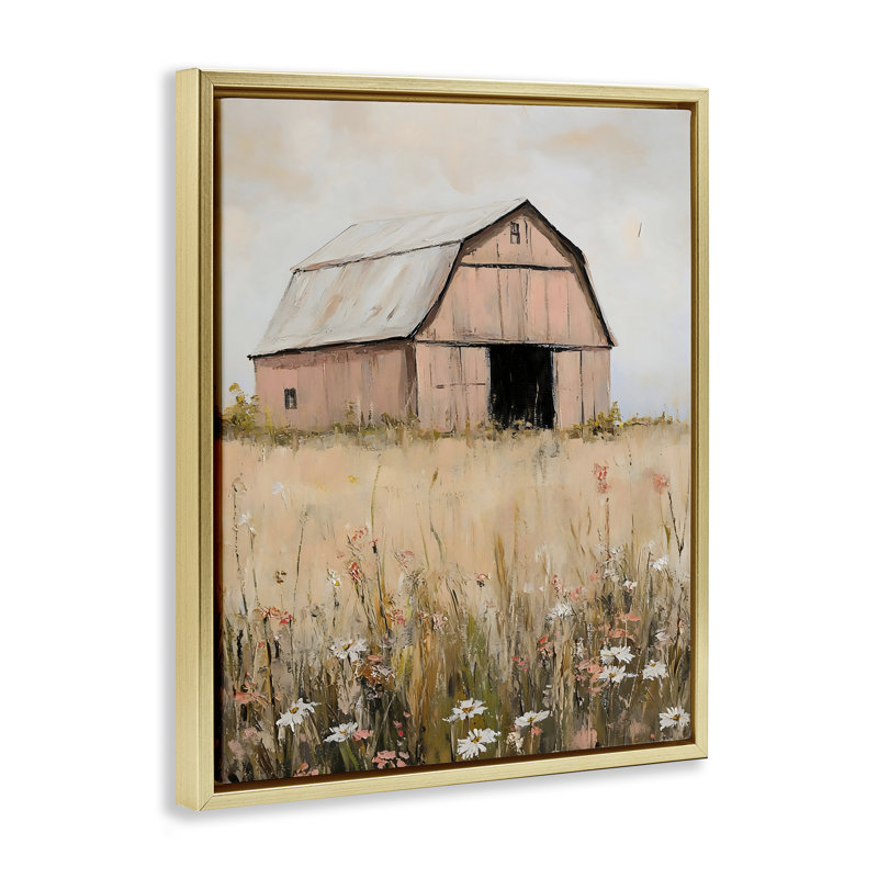 Cadre flottant Peachy Barn Landscape, design par Franklyn Gregory, H 21 po x l 17 po, Cadre flottant métallique doré