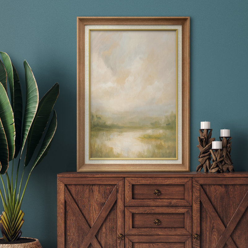 «Soft Sky Landscape with Gentle Light», reproduction d'art encadrée sur papier, Cadre naturel de qualité supérieure