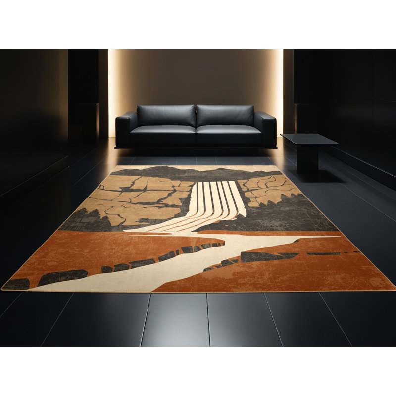 Tapis brun pâle lavable à la machine à l'allure rustique moderne - reliure brun clair, Rond 7 pi