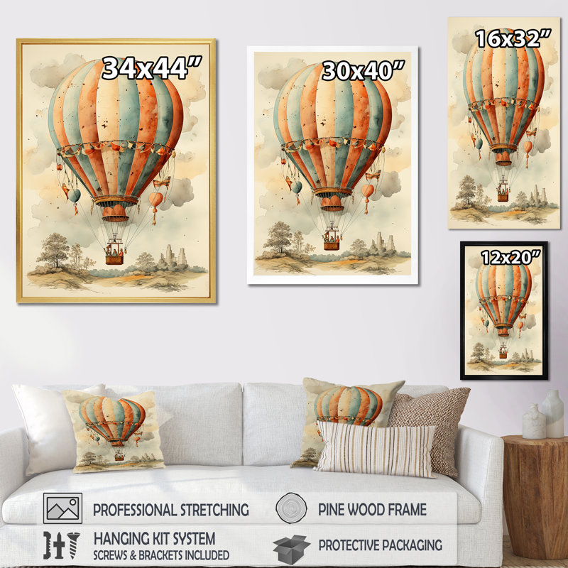 Décoration classique ballon à air chaud I - décoration murale montgolfière, Encadrement doré, H 32 po x l 24 po x P 1 po