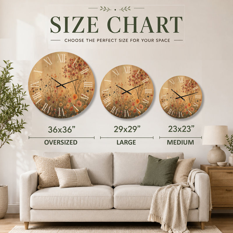 Horloge murale surdimensionnée en bois floral - Horizon pré des fleurs sauvages, Surdimensionné