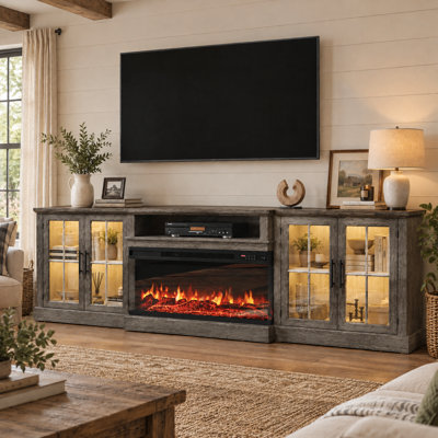 Farmhouse TV Stand with 36" Electric Fireplace and Glass Cabinet