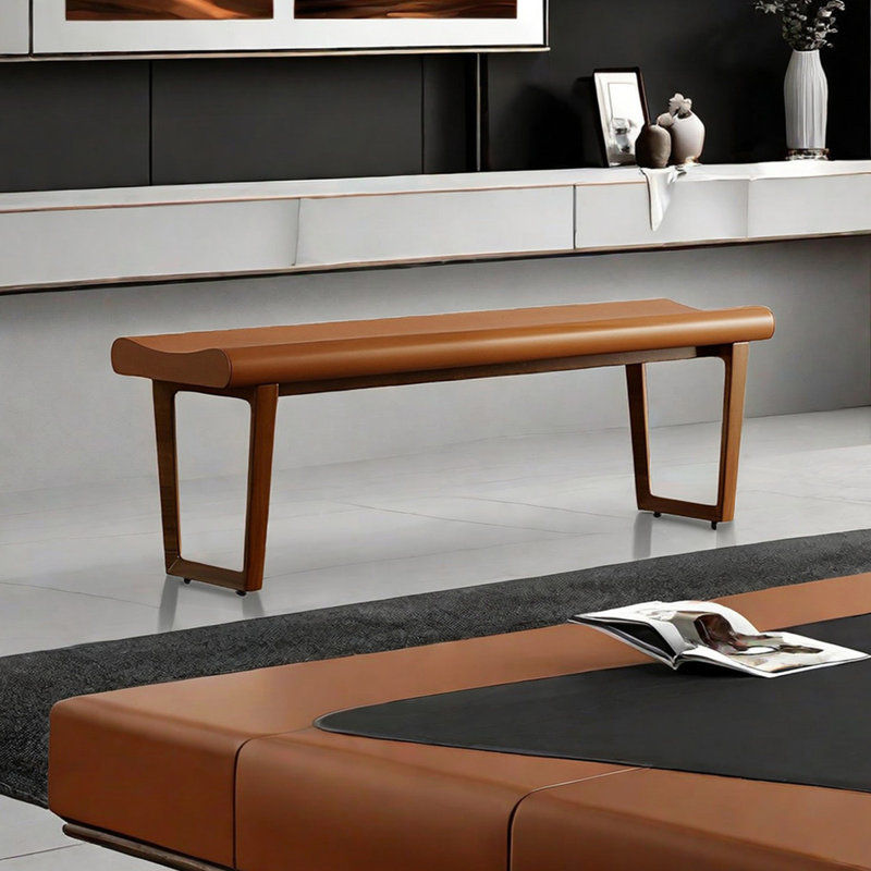 Banc rembourré en cuir Nereya, Orange, H 16,53 po x l 59,05 po x P 15,74 po
