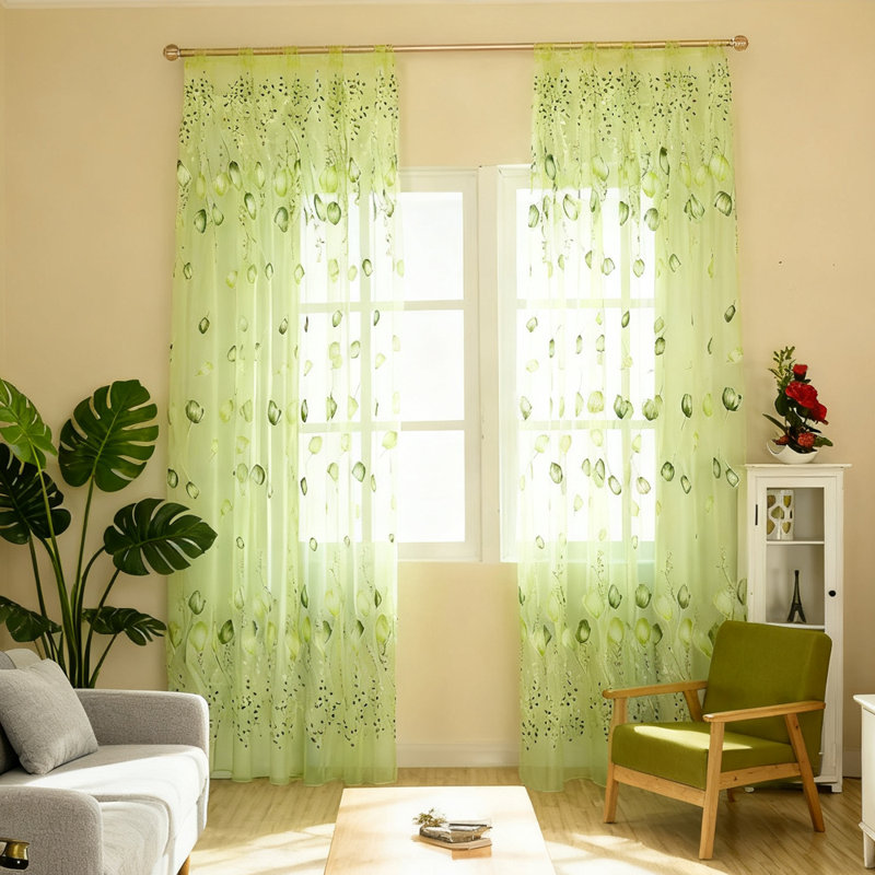 4 Panels Tulle Curtains, 100x200 cm Tulip Print Tulle Sheer Curtains, Rod Pocket, Living Room Bedroom Decor, Green, Green