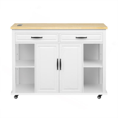 47 Inch Kitchen Island With Extendable Dining Table, Rubber Wood Veneer Kitchen Table With Internal Storage Rack, Power Outlet, Kitchen Island With Storage 2 Drawers 2 Cabinet