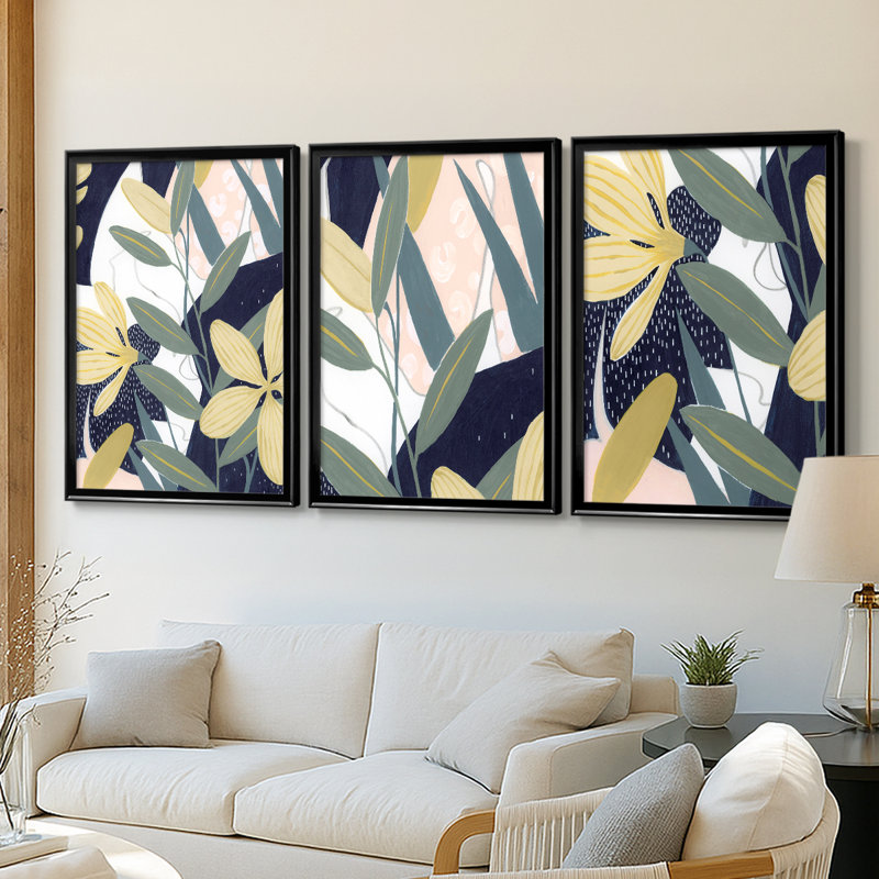 Flores Noche II - Toile tendue avec châssis sur mesure - 3 pièces, Noir, noir, noir, noir, H 30 po x l 63 po