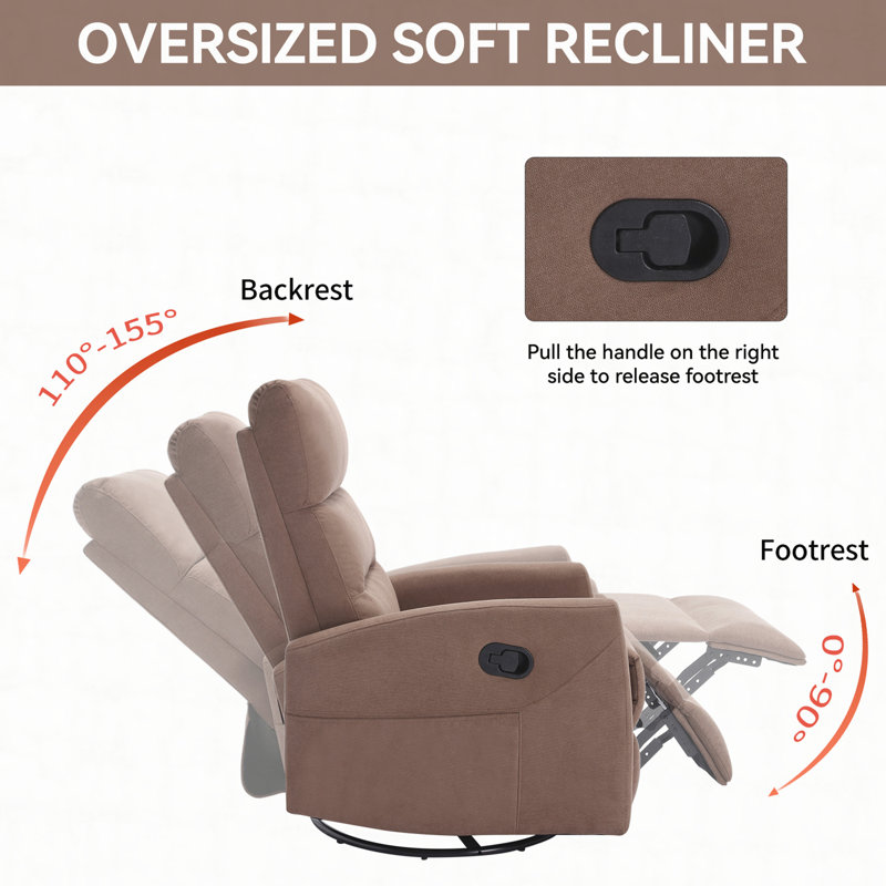 Manual Recliner Chair with Rocker and Swivel in Fabric for Living Room, Brown