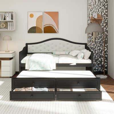 Lit de jour simple avec lit gigogne, lit de jour simple avec 2 tiroirs de rangement, canapé-lit en bois avec dossier capitonné à boutons pour le salon, la chambre à coucher, la chambre d'amis, noir