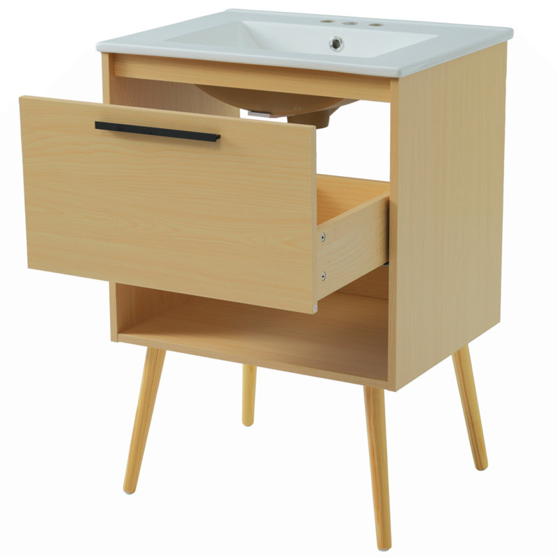 Meuble-lavabo 24 po avec lavabo, armoire de salle de bain multifonctionnelle avec tiroir, panneau de fibres à densité moyenne, naturel