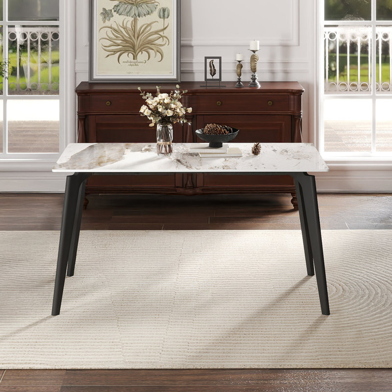 55.12" Modern Artificial Stone Straight Edge Black Metal Leg Dining Table-Can Accommodate 6 People(Dining Table Only)