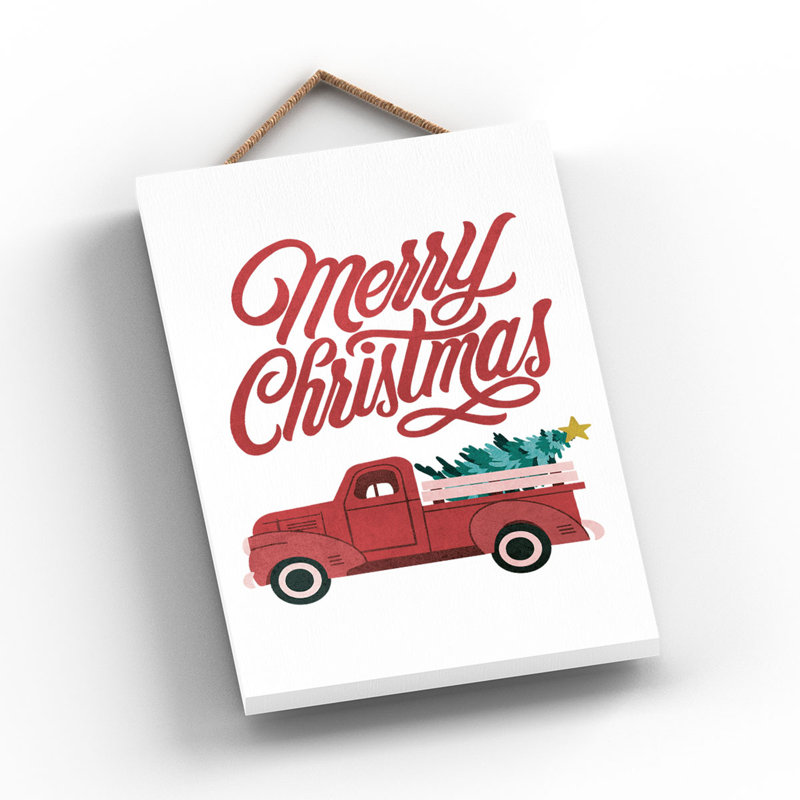 Xmas Merry Christmas Truck Wooden Plaque, 18.5cm H x 12cm W x 0.9cm D