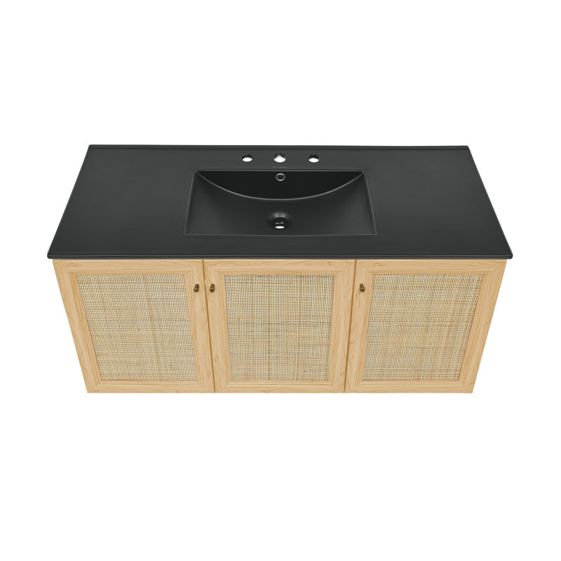 Meuble-lavabo mural 48 po Classe en chêne naturel avec comptoir noir à 3 trous Class, Noir, noir, noir, noir, Chêne naturel