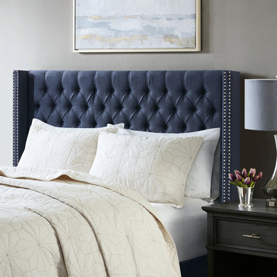 Tête de lit tapissier bleu marine pour grand lit, bouton avec décoration cloutée double, pieds en métal réglables en noir, taille: l 68,5 po x H 55,03 po, capitonnage et garniture en T, revêtement, pieds noirs, finition: