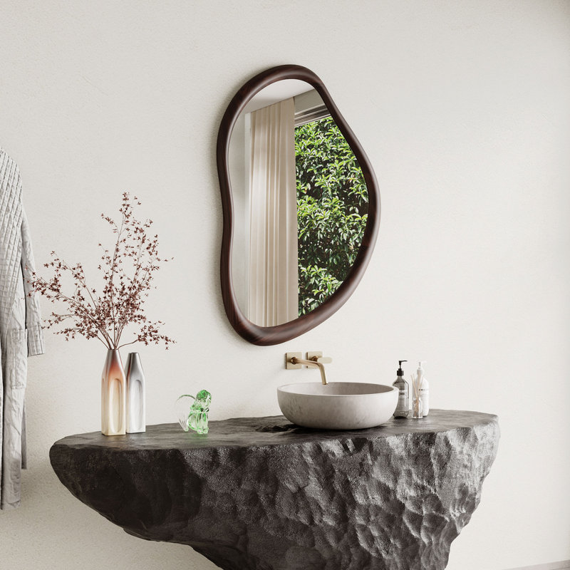 Irregular Wall Mirror, 35"x24" Wood Bathroom Mirror ,Dark Walnut Rustic Farmhouse Vanity Mirror for Bathroom Bedroom Living Room Entryway, Horizontal/Vertical