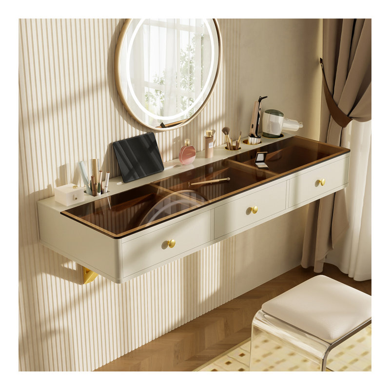 Tablette flottante de 47 po avec tiroir, coiffeuse murale polyvalente, bureau monté, table flottante pour la chambre à coucher, la salle de bain, les coiffeurs, beige et doré