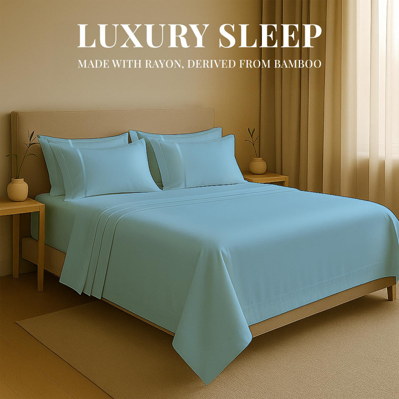 Premium Rayon From Bamboo Blend Sheet Set With Deep Pockets, Cooling and Breathable, King Sheet Set with 4 Pillowcases, Denim
